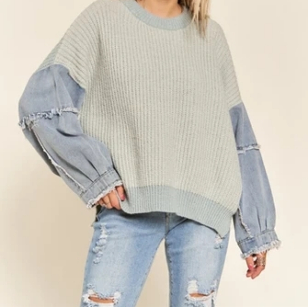 Adora Women's Frayed Denim Sleeved Contrast Sweater - Picture 3 of 7